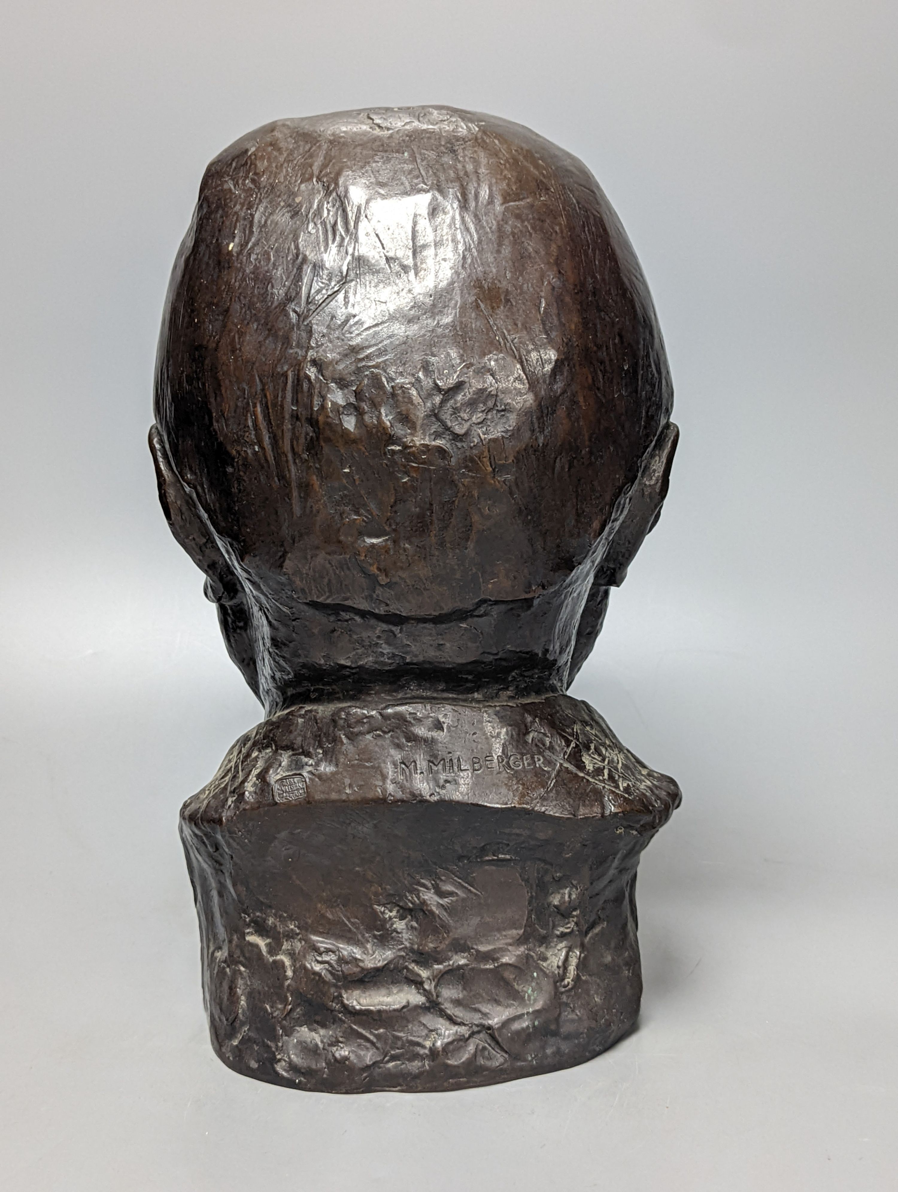 Michel Millberger, bronze bust of a man, indistinct foundry mark 34cm